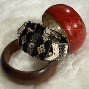 Mixed Bracelet Set - Red Lacquer, Black & Ivory Beaded, Brown Wood